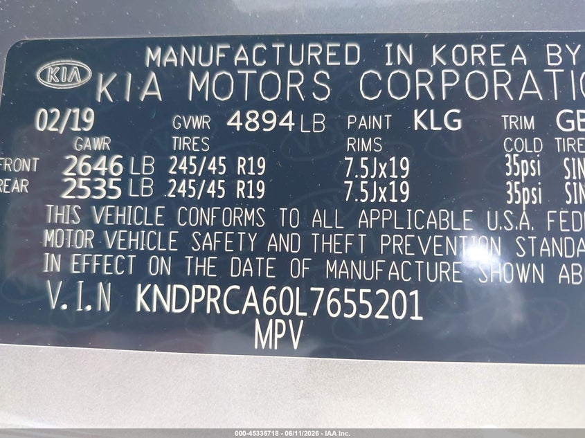 2020 Kia Sportage VIN KNDPRCA60L7655201 IAAI salvage auction — FRONT END, Salvage Title, sold $2,450 on 2026-07-27 (photo 9)