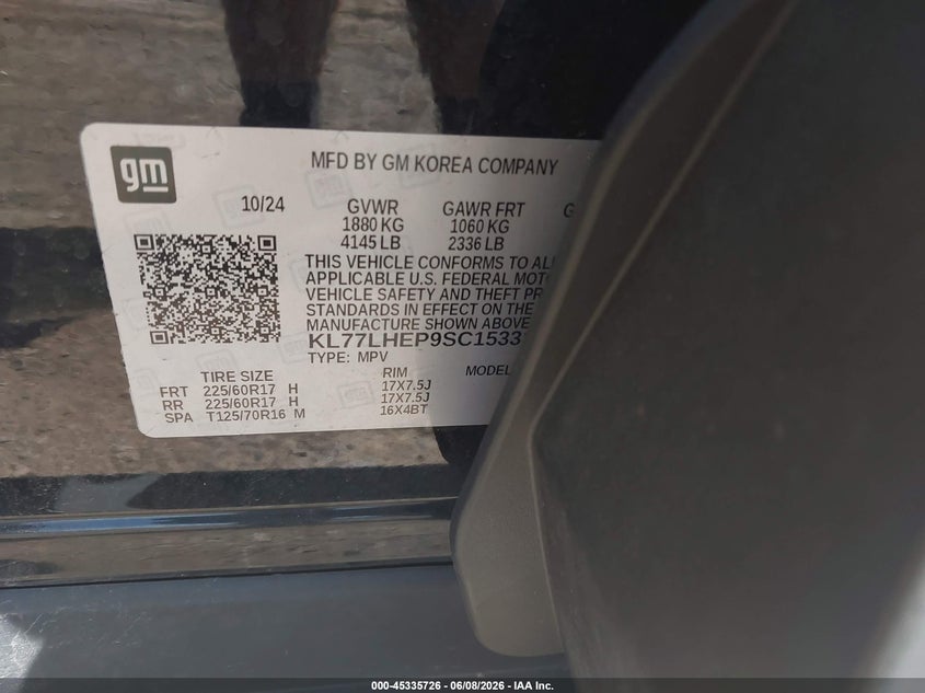 2025 Chevrolet Trax VIN KL77LHEP9SC153310 IAAI salvage auction — FRONT END, Salvage Title, sold $1,850 on 2026-07-22 (photo 9)