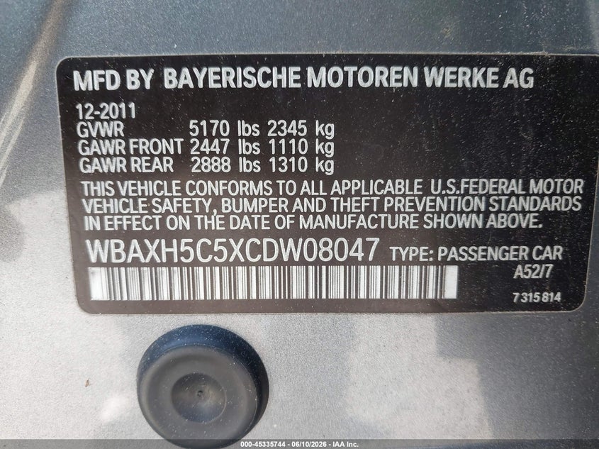 2012 BMW 5er VIN WBAXH5C5XCDW08047 IAAI salvage auction — NORMAL WEAR, Clear (Florida), sold $900 on 2026-08-01 (photo 9)