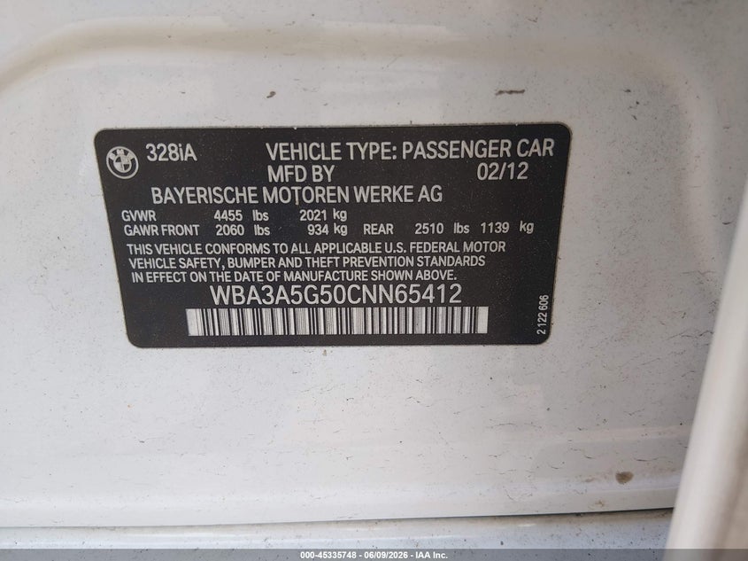 2012 BMW 3er VIN WBA3A5G50CNN65412 IAAI salvage auction — NORMAL WEAR, Salvage Title, sold $550 on 2026-07-15 (photo 9)