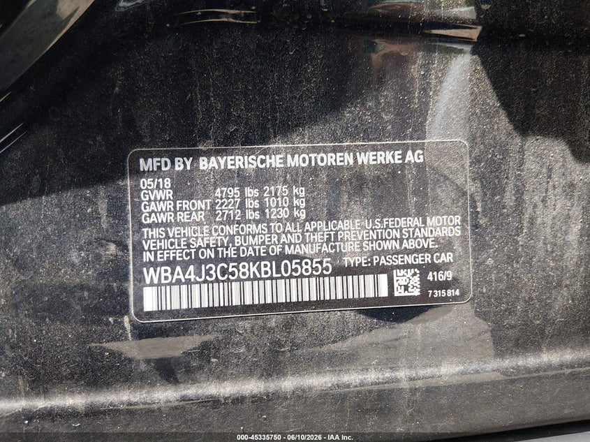 2019 BMW 4er VIN WBA4J3C58KBL05855 IAAI salvage auction — FRONT END, Salvage (South Carolina), sold $1,650 on 2026-07-28 (photo 9)