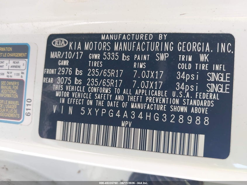 2017 Kia Sorento VIN 5XYPG4A34HG328988 IAAI salvage auction — FRONT END, Original (Texas), sold $2,200 on 2026-07-15 (photo 9)