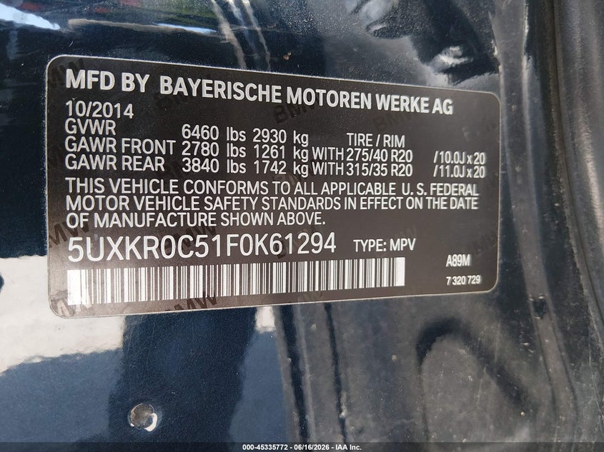 2015 BMW X5 VIN 5UXKR0C51F0K61294 IAAI salvage auction — FRONT END, Salvage (California), sold $700 on 2026-07-29 (photo 9)