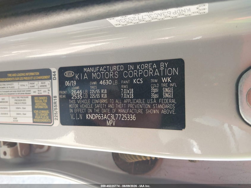 2020 Kia Sportage VIN KNDP63AC3L7725336 IAAI salvage auction — FRONT END, Salvage Title, sold $3,050 on 2026-07-23 (photo 9)