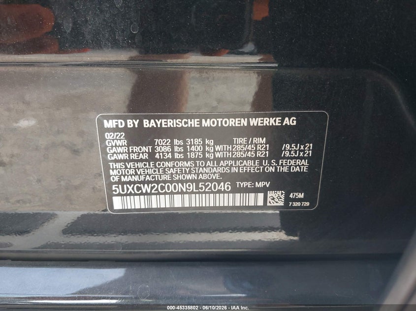 2022 BMW X7 VIN 5UXCW2C00N9L52046 IAAI salvage auction — RIGHT SIDE, Salvage (Pennsylvania), sold $22,400 on 2026-07-17 (photo 9)