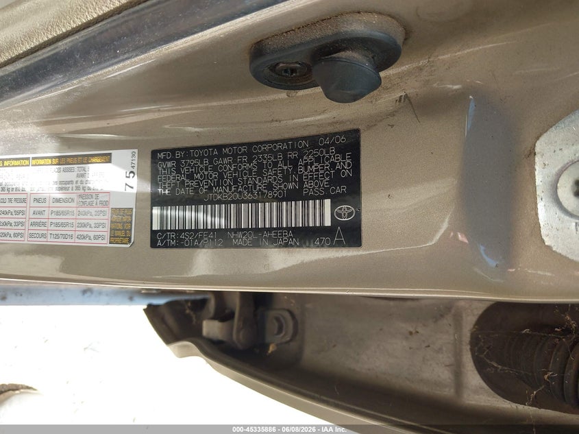 2006 Toyota Prius VIN JTDKB20U363178901 IAAI salvage auction — NORMAL WEAR, Original (Texas), sold $675 on 2026-07-13 (photo 9)
