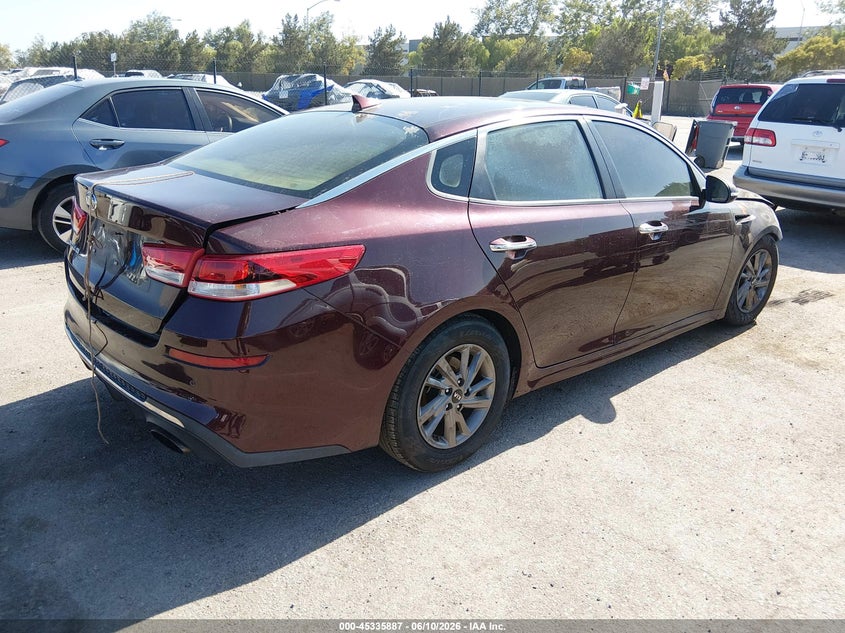 2020 Kia Optima VIN 5XXGT4L36LG387692 IAAI salvage auction — EXTERIOR BURN, Salvage Title, sold $350 on 2026-07-13 (photo 4)