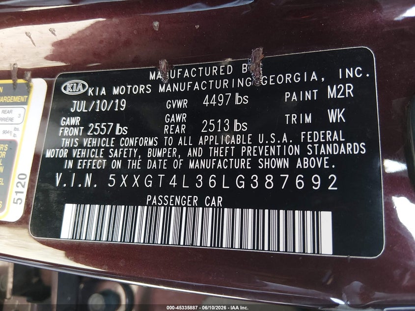 2020 Kia Optima VIN 5XXGT4L36LG387692 IAAI salvage auction — EXTERIOR BURN, Salvage Title, sold $350 on 2026-07-13 (photo 9)