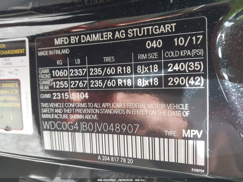 2018 Mercedes-benz Glc VIN WDC0G4JB0JV048907 IAAI salvage auction — FRONT END, Salvage Title, sold $3,400 on 2026-07-24 (photo 9)