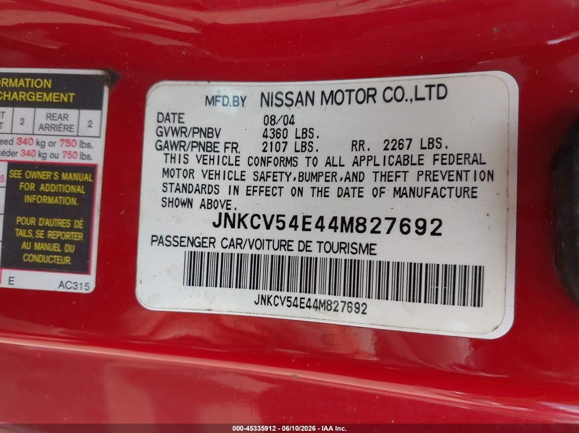 2004 Infiniti G35 VIN JNKCV54E44M827692 IAAI salvage auction — REAR END, Salvage (Alabama), sold $1,100 on 2026-07-29 (photo 9)