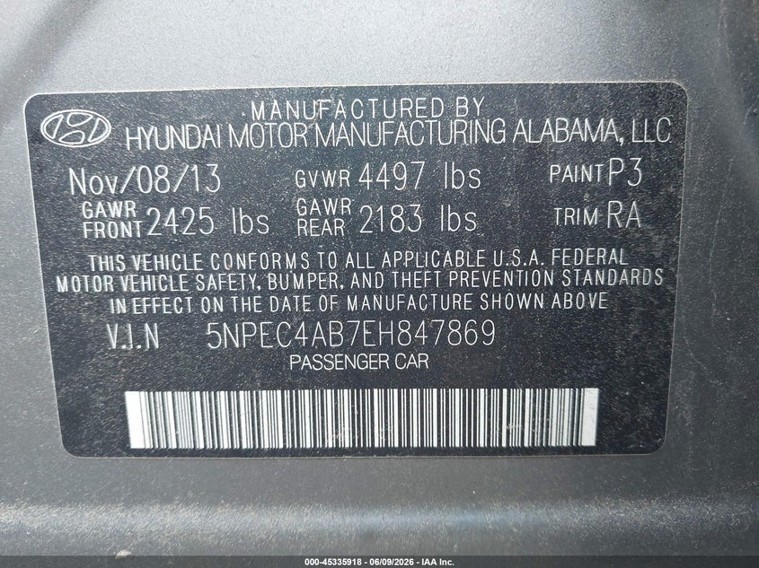 2014 Hyundai Sonata VIN 5NPEC4AB7EH847869 IAAI salvage auction — NORMAL WEAR, Clear (North Carolina), sold $375 on 2026-07-22 (photo 9)