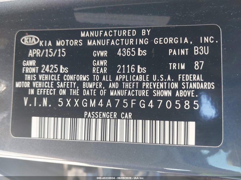 2015 Kia Optima VIN 5XXGM4A75FG470585 IAAI salvage auction — FRONT END, Salvage Title, sold $400 on 2026-07-10 (photo 9)