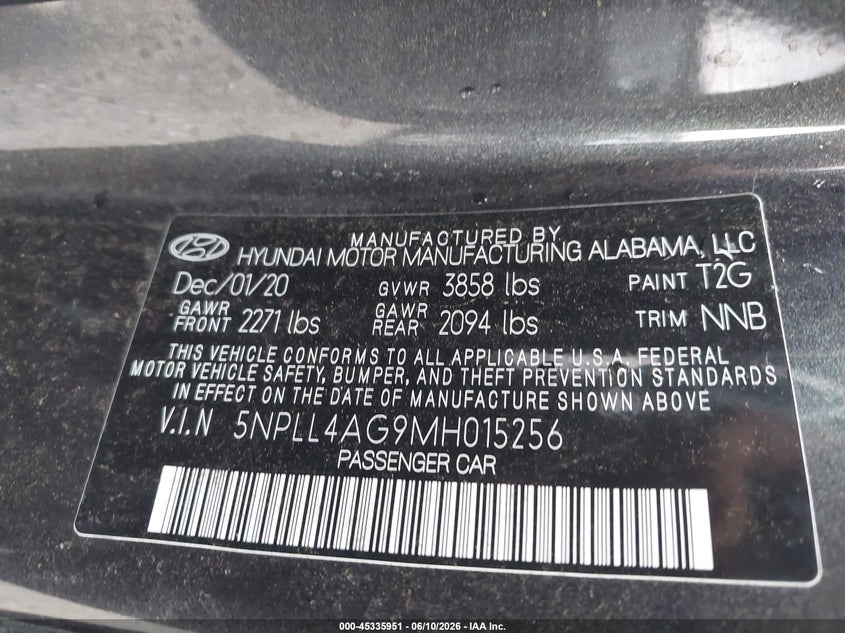 2021 Hyundai Elantra VIN 5NPLL4AG9MH015256 IAAI salvage auction — BIO HAZARD, Salvage (Arizona), sold $425 on 2026-07-15 (photo 9)