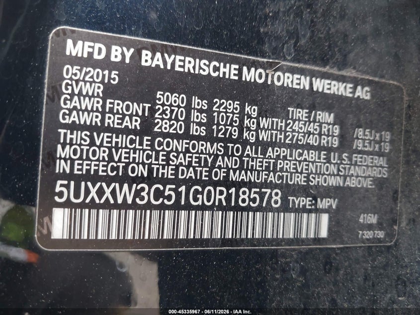 2016 BMW X4 VIN 5UXXW3C51G0R18578 IAAI salvage auction — RIGHT SIDE, Salvage Title, sold $3,025 on 2026-07-14 (photo 9)