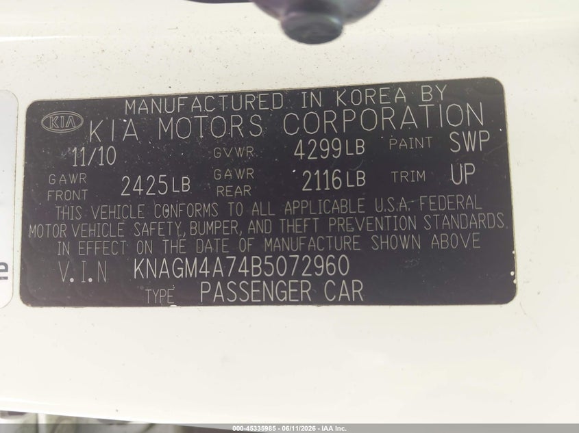 2011 Kia Optima VIN KNAGM4A74B5072960 IAAI salvage auction — NORMAL WEAR, Clear (North Carolina), sold $375 on 2026-07-15 (photo 9)
