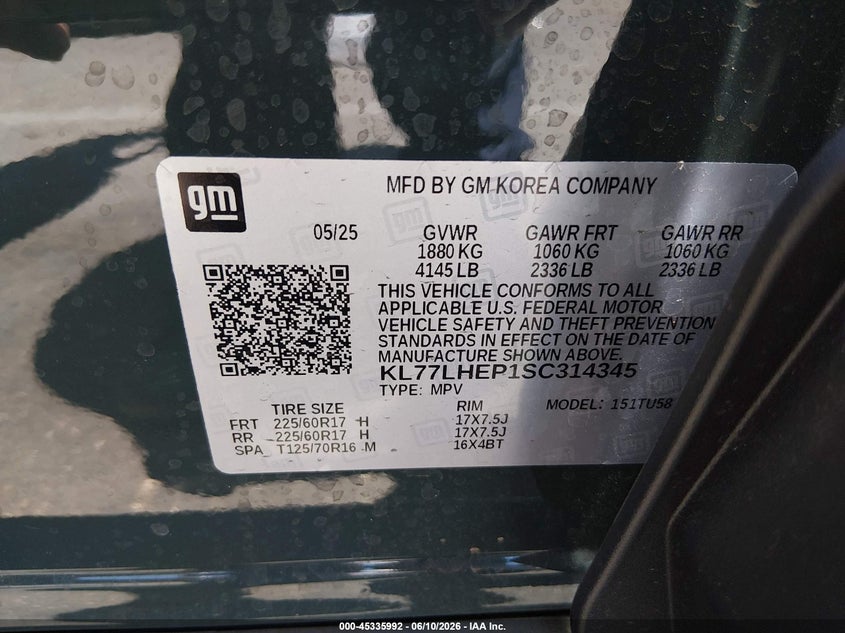 2025 Chevrolet Trax VIN KL77LHEP1SC314345 IAAI salvage auction — LEFT FRONT, Salvage Title, sold $5,050 on 2026-07-16 (photo 9)