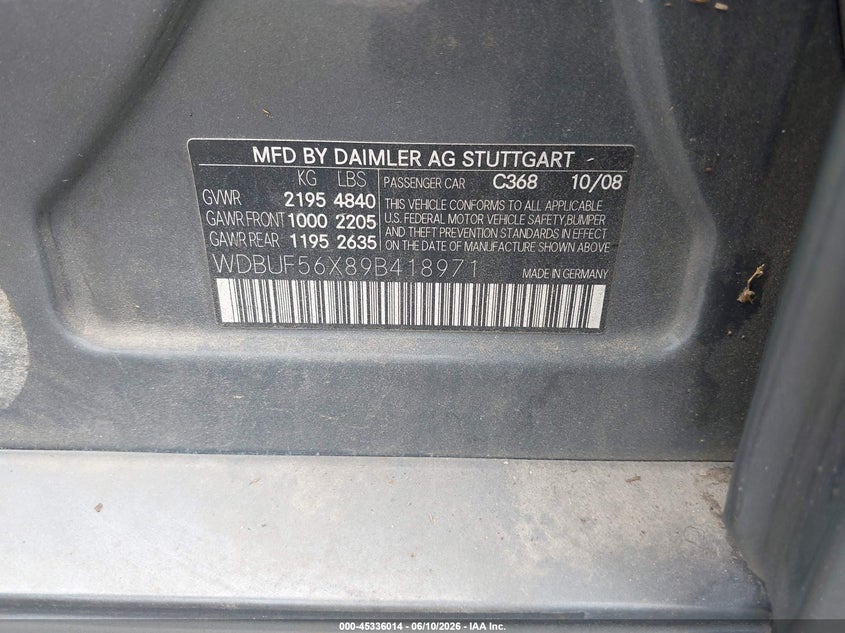 2009 Mercedes-benz E-klasse VIN WDBUF56X89B418971 IAAI salvage auction — WATER/FLOOD, Salvage (North Carolina), sold $25 on 2026-07-22 (photo 9)