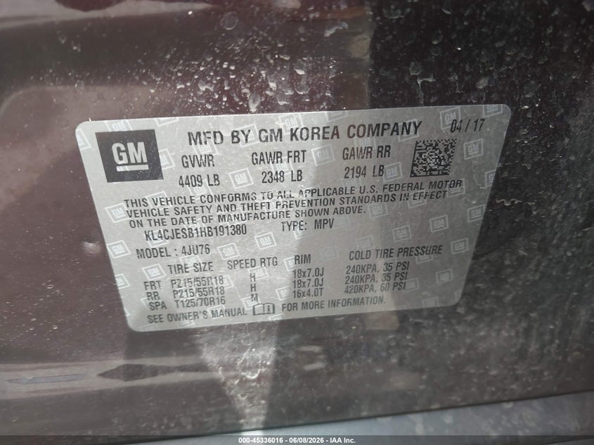 2017 Buick Encore VIN KL4CJESB1HB191380 IAAI salvage auction — LEFT & RIGHT, Regular (South Dakota), sold $825 on 2026-07-28 (photo 9)