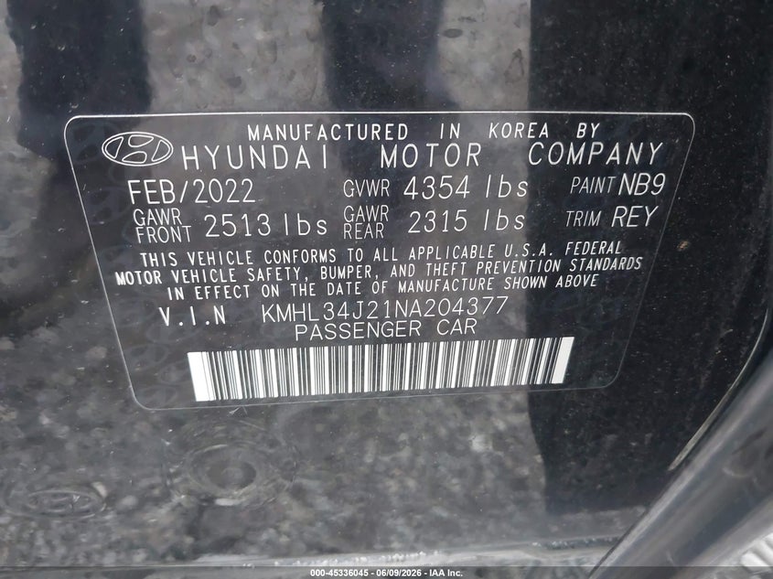 2022 Hyundai Sonata VIN KMHL34J21NA204377 IAAI salvage auction — LEFT SIDE, Salvage Title, sold $9,100 on 2026-07-08 (photo 9)