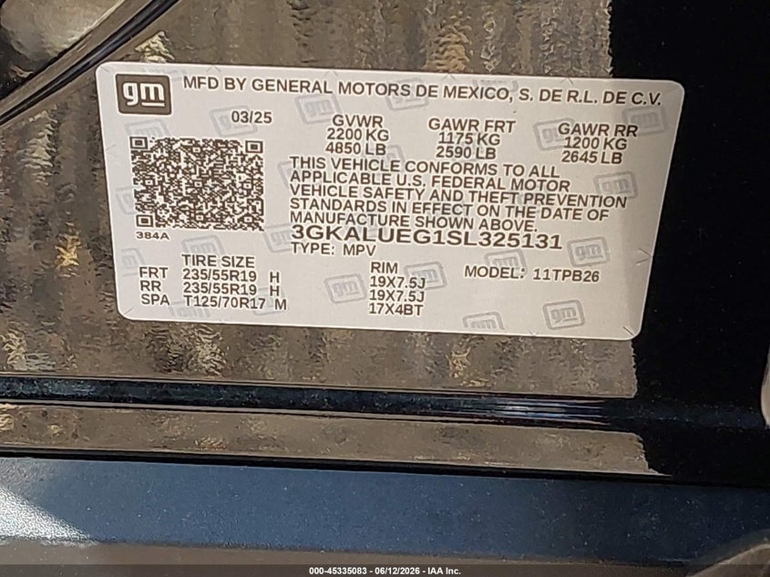 2025 Gmc Terrain VIN 3GKALUEG1SL325131 IAAI salvage auction — FRONT END, Salvage Title, sold $10,200 on 2026-07-28 (photo 9)