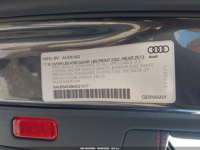 2019 Audi A4 VIN WAUENAF48KA021017 IAAI salvage auction — LEFT FRONT, Original (Texas), sold $7,800 on 2026-07-23 (photo 9)
