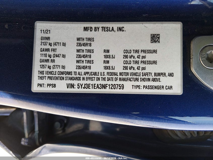 2022 Tesla Model 3 VIN 5YJ3E1EA3NF120759 IAAI salvage auction — LEFT FRONT, Salvage Title, sold $4,450 on 2026-07-27 (photo 9)