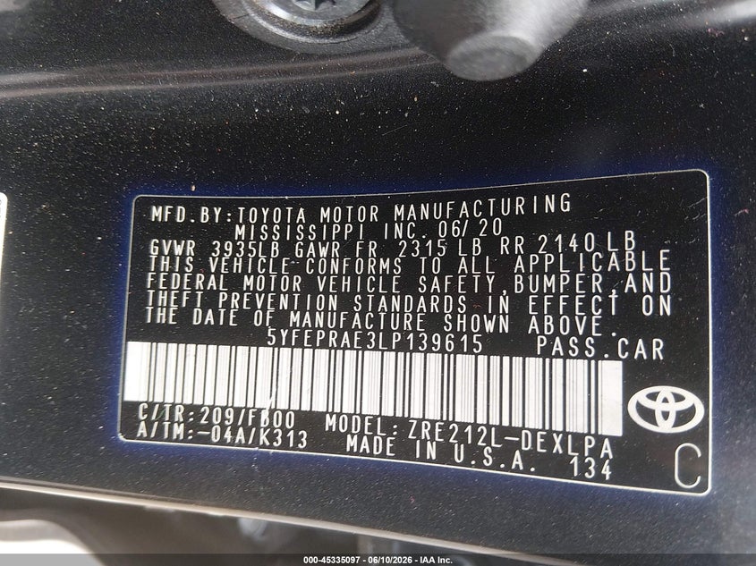 2020 Toyota Corolla VIN 5YFEPRAE3LP139615 IAAI salvage auction — REAR END, Salvage (Texas), sold $2,450 on 2026-07-28 (photo 9)