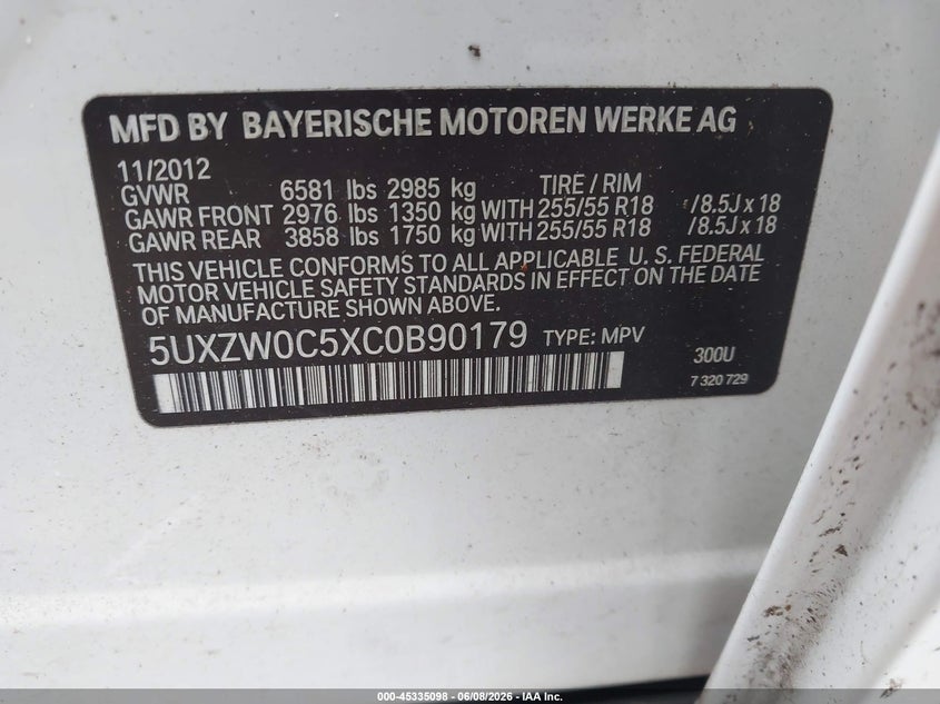 2012 BMW X5 VIN 5UXZW0C5XC0B90179 IAAI salvage auction — NORMAL WEAR, Clear (Tennessee), sold $1,050 on 2026-07-16 (photo 9)