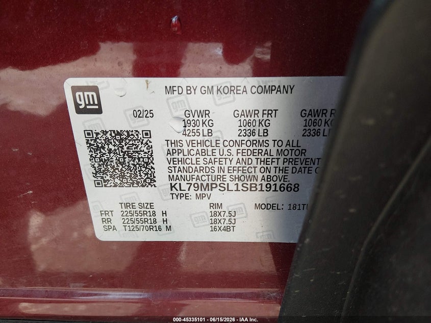 2025 Chevrolet Trailblazer VIN KL79MPSL1SB191668 IAAI salvage auction — FRONT END, Salvage (West Virginia), sold $10,425 on 2026-07-29 (photo 9)