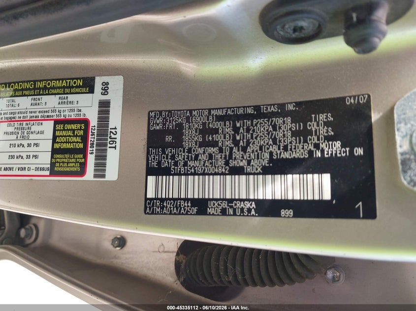 2007 Toyota Tundra VIN 5TFBT54197X004842 IAAI salvage auction — NORMAL WEAR, Clear - Dealer Only (California), sold $1,450 on 2026-07-21 (photo 9)