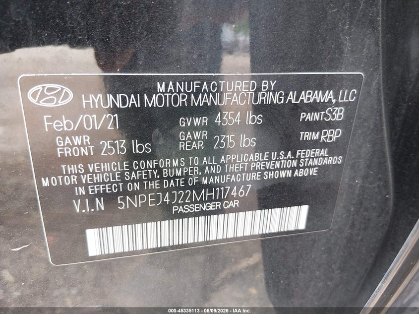 2021 Hyundai Sonata VIN 5NPEJ4J22MH117467 IAAI salvage auction — RIGHT FRONT, Salvage Title, sold $4,250 on 2026-07-31 (photo 9)