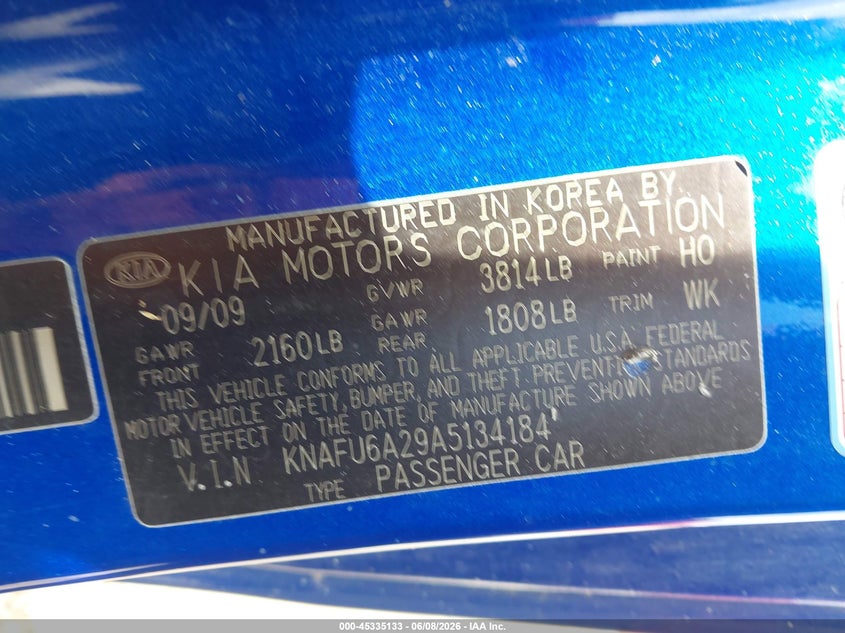 2010 Kia Forte VIN KNAFU6A29A5134184 IAAI salvage auction — NORMAL WEAR, Clear (Kansas), sold $500 on 2026-07-08 (photo 9)