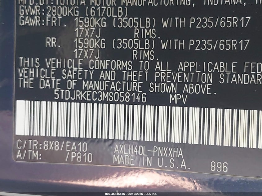 2021 Toyota Sienna VIN 5TDJRKEC3MS058146 IAAI salvage auction — FRONT END, Salvage Title, sold $10,500 on 2026-08-22 (photo 9)