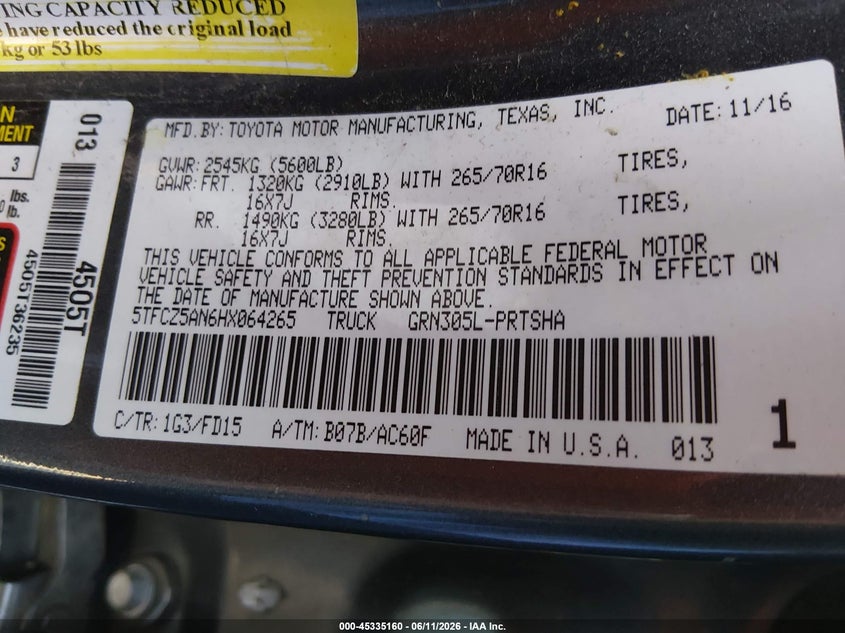 2017 Toyota Tacoma VIN 5TFCZ5AN6HX064265 IAAI salvage auction — FRONT END, Salvage Title, sold $5,400 on 2026-08-01 (photo 9)