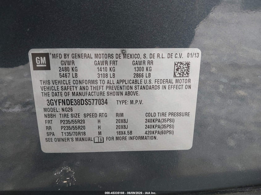 2013 Cadillac Srx VIN 3GYFNDE38DS577034 IAAI salvage auction — FRONT END, Salvage Title, sold $575 on 2026-07-09 (photo 9)