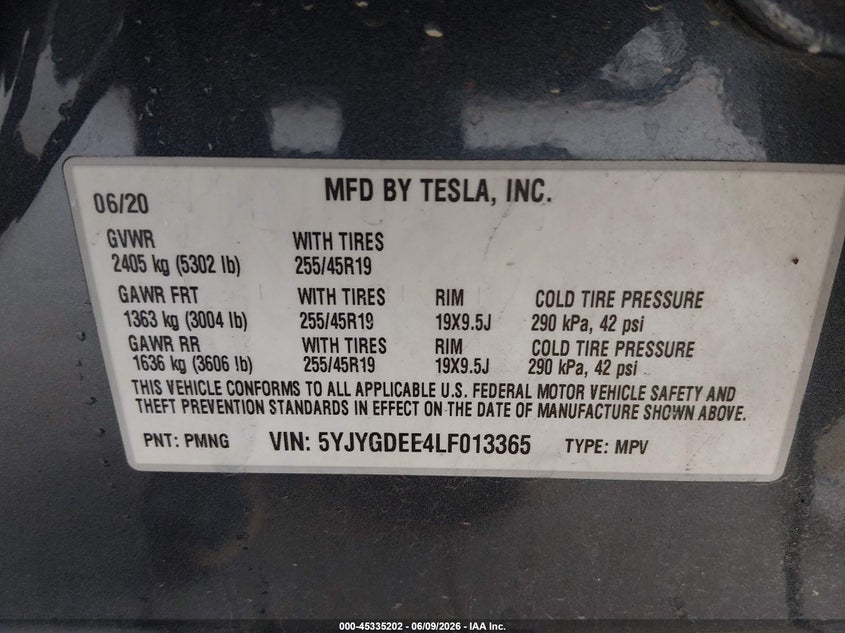 2020 Tesla Model y VIN 5YJYGDEE4LF013365 IAAI salvage auction — FRONT END, Salvage Title, sold $6,550 on 2026-07-09 (photo 9)