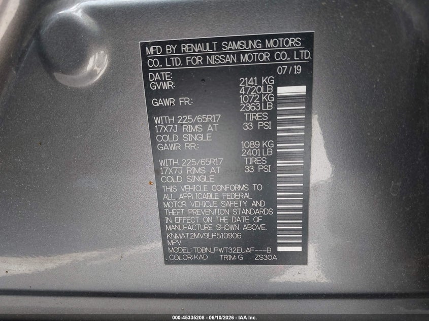 2020 Nissan Rogue VIN KNMAT2MV9LP510906 IAAI salvage auction — LEFT SIDE, Mv-907A (New York), sold $1,800 on 2026-07-14 (photo 9)