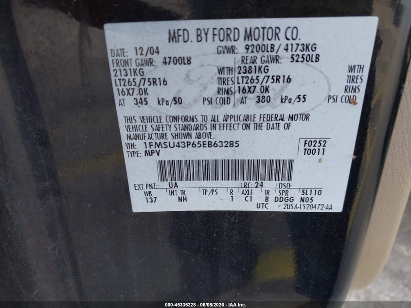 2005 Ford Excursion VIN 1FMSU43P65EB63285 IAAI salvage auction — NORMAL WEAR, Clear (Florida), sold $1,100 on 2026-07-09 (photo 9)