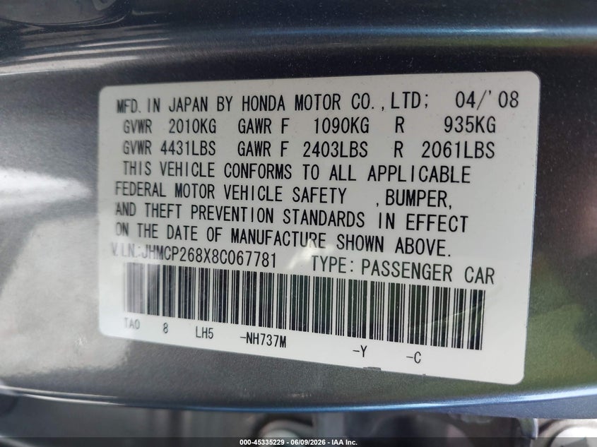 2008 Honda Accord VIN JHMCP268X8C067781 IAAI salvage auction — RIGHT REAR, Salvage Certificate (California), sold $950 on 2026-07-17 (photo 9)