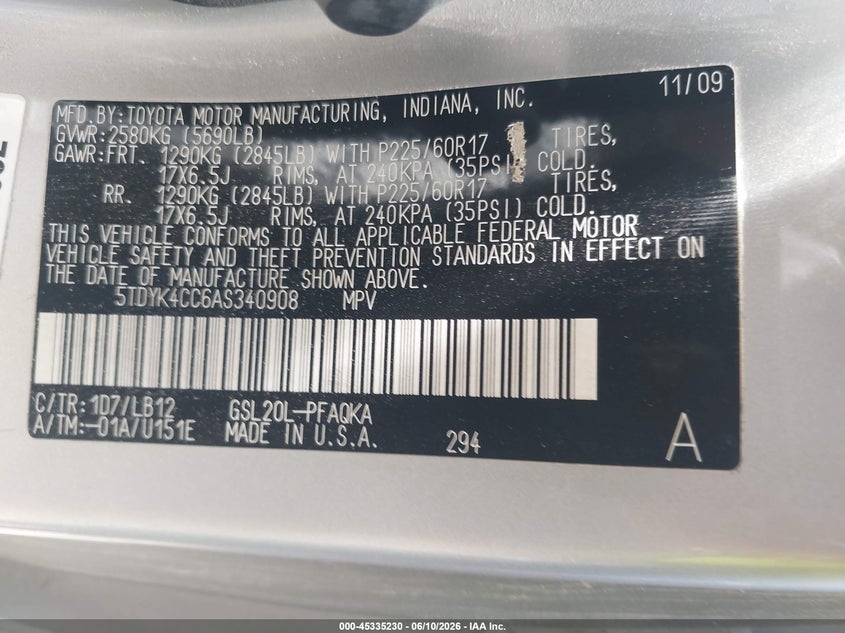 2010 Toyota Sienna VIN 5TDYK4CC6AS340908 IAAI salvage auction — REAR END, Salvage (Kansas), sold $400 on 2026-07-08 (photo 9)