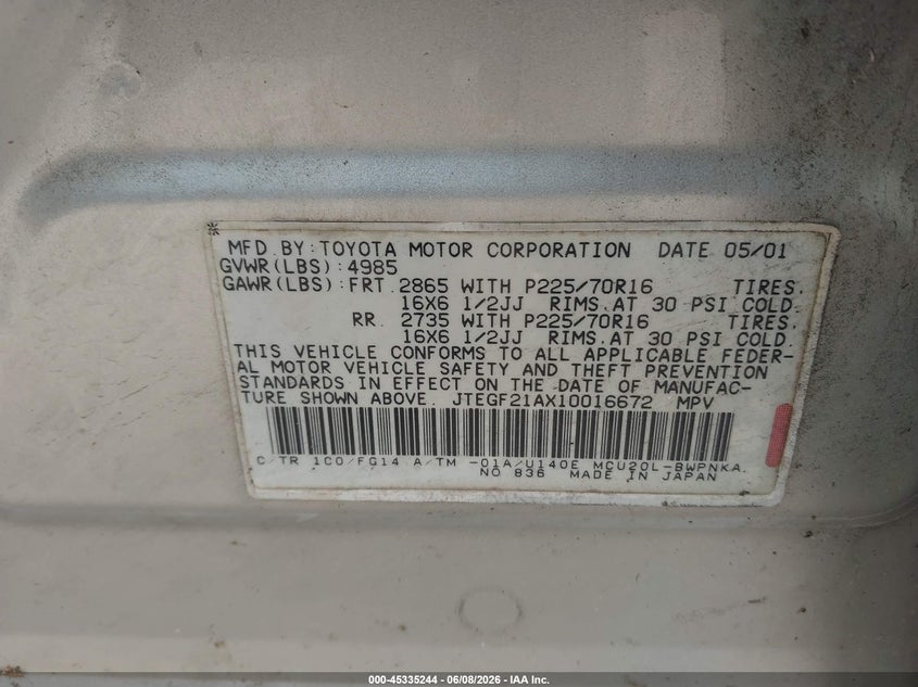 2001 Toyota Highlander VIN JTEGF21AX10016672 IAAI salvage auction — NORMAL WEAR, Clear (Virginia), sold $325 on 2026-07-21 (photo 9)