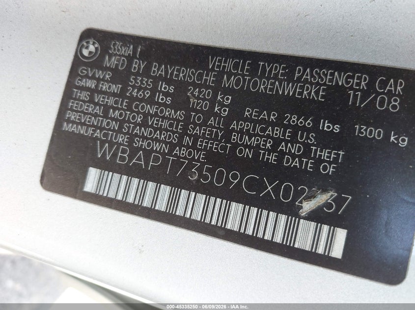 2009 BMW 5er VIN WBAPT73509CX02737 IAAI salvage auction — UNKNOWN, Clear (Connecticut), sold $1,300 on 2026-07-14 (photo 9)