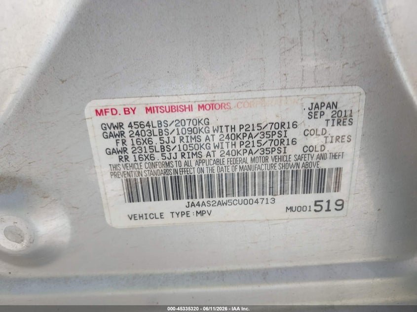 2012 Mitsubishi Outlander VIN JA4AS2AW5CU004713 IAAI salvage auction — HAIL, Original (Texas), sold $300 on 2026-07-28 (photo 9)