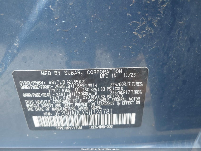 2024 Subaru Xv VIN JF2GUADCXRH324781 IAAI salvage auction — HAIL, Salvage Title, sold $6,100 on 2026-07-21 (photo 9)