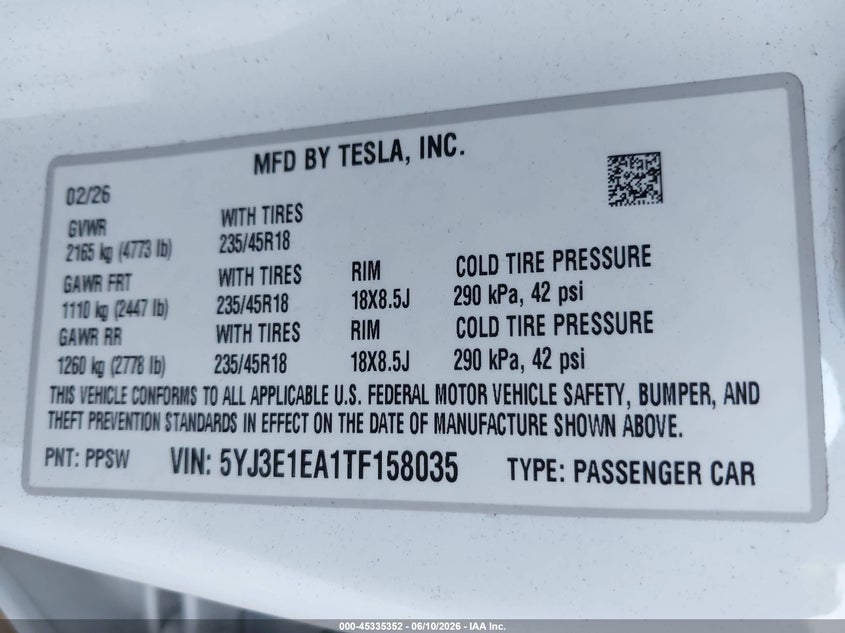 2026 Tesla Model 3 VIN 5YJ3E1EA1TF158035 IAAI salvage auction — FRONT & REAR, Salvage Title, sold $25 on 2026-07-28 (photo 9)
