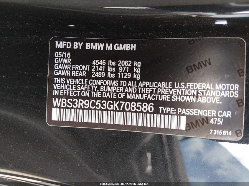 2016 BMW M4 VIN WBS3R9C53GK708586 IAAI salvage auction — LEFT FRONT, Salvage Title, sold $9,450 on 2026-09-01 (photo 9)