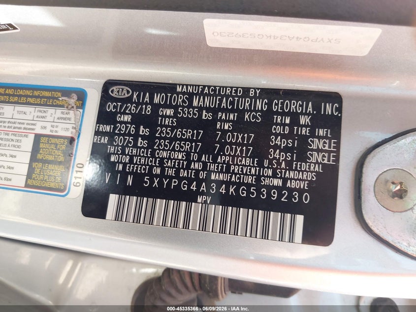 2019 Kia Sorento VIN 5XYPG4A34KG539230 IAAI salvage auction — HAIL, Salvage (Missouri), sold $2,700 on 2026-07-20 (photo 9)