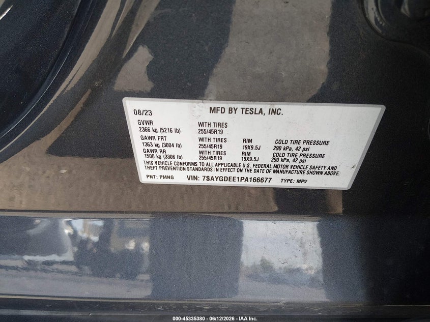 2023 Tesla Model y VIN 7SAYGDEE1PA166677 IAAI salvage auction — REAR END, Salvage Title, sold $10,300 on 2026-07-24 (photo 9)