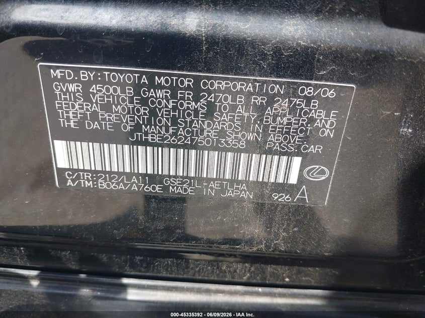 2007 Lexus Is 350 VIN JTHBE262475013358 IAAI salvage auction — NORMAL WEAR, Original (Texas), sold $475 on 2026-07-29 (photo 9)
