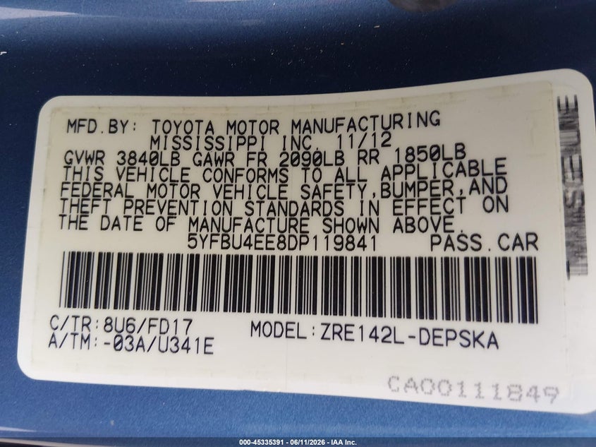 2013 Toyota Corolla VIN 5YFBU4EE8DP119841 IAAI salvage auction — FRONT END, Salvage Title, sold $2,400 on 2026-07-21 (photo 9)